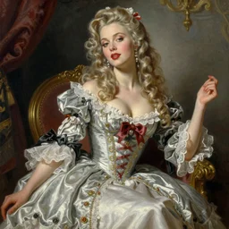ekaterina klimova dressed in pin up style, ultra detailed, beautiful, decolte, by greg hildebrandt fancy rococo baroque oil painting high quality clothed in fancy garb in pin up style
