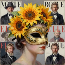 masquerade ball mask, vogue magazine, elle magazine, greg rutkowski, john singer sargent, trending on artstation, anime, oil painting, side profile portrait, looking right, sunflower tiara crown, intricate