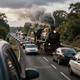 A steam locomotive crossing a busy motorway and causing a traffic jam, as seen through a car windshield