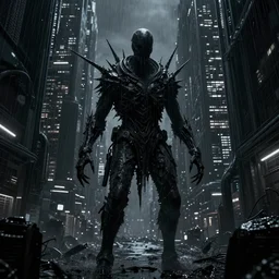 uncanny valley, dark grotesque nocturne cyberpunk city, armed and dangerous, night, rain, black, grey, white, realistic 4 k octane beautifully detailed render, 4 k post - processing, highly detailed, intricate complexity, epic composition, magical atmosphere, cinematic lighting, masterpiece, ultra hd