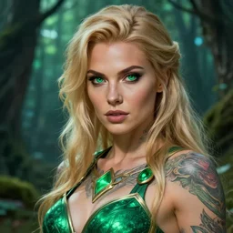 a close - up of tattooed beautiful blonde female warrior wearing a magical emerald leotard in a magical forest, hyper realistic face, green eyes, fantasy art, in the style of greg rutkowski, illustration, epic, fantasy, intricate, insanely detailed, artstation, concept art, smooth, sharp focus, vibrant