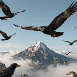 A flying mountain on the sky surrounded by birds with human heads. Birds of human heads.