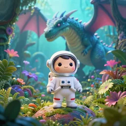 a still of a cute adorable tiny astronaut, on a planet of lush colorful foliage, with an enormous kaiju dragon surrounding the full background, magical forest, sharp focus, neon backlit, highly detailed, disney pixar studio ghibli makoto shinkai, digital painting, matte, octane render, cinematic volumetric lighting, global illumination, iridescent, anime, 8 k concept art