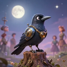 a stunning fantasy scene of an adorable mechanical steampunk crow sitting on a tree stump | highly detailed | very intricate | disney | magic the gathering | steampunk | dramatic romantic epic breathtaking whimsical magical | bokeh moon stars | professional cinematic lighting | award - winning | painted by marc simonetti and anton fadeev and paul lehr and rhads and alena aenami | pastel color palette | featured on artstation