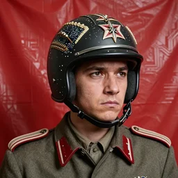 portrait of a third reich soldier in ornate motorcycle dirt helmet in a helmet background red plastic bag circuitboard rich deep colors ul