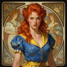 digital character concept art by artgerm and greg rutkowski and alphonse mucha. clear portrait of a pin - up young wife, redhead, blue and yellow clothes, shabby, defiant, light effect, 8 k, hyper detailed, intricate, elegant, digital painting, artstation, smooth, sharp focus
