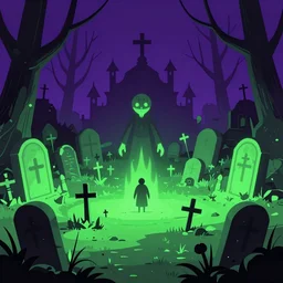 super detailed 8 0's illustration horror art of a glowing green and purple graveyard, danguiz, flat art, sharp, by ilya kuvshinov