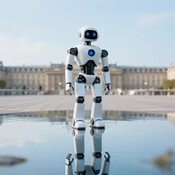 a robot standing in the water mirror of bordeaux
