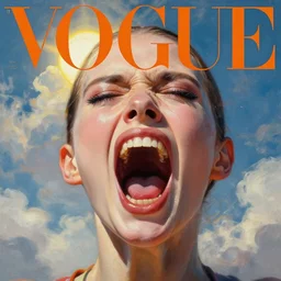 3 d, close - up, screaming fashion model face, sun, cinematic, clouds, vogue cover style, dystopian art, poster art, futuristic, fantasy artrealistic painting, intricate oil painting, high detail illustration, by beeple and james jean and wlop