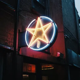 photo of a pentagram neon sign outside a bar, nightlife alley rainy 3 5 mm grainy kodachrome