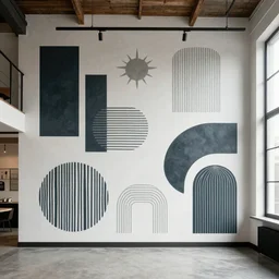 trendy loft with modern murals on the wall, contemporary art and patterns, interior design, attractive architecture