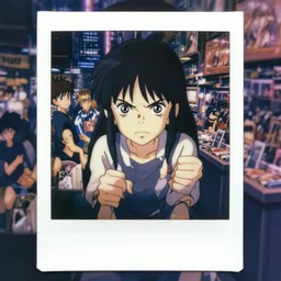 a full body 2 polaroid angry portrait of a 2 0 0 6's disney girl 7 5 working at a cd stall 7, finely detailed features, closeup at the faces, perfect art, busy cyberpunk city, gapmoe yandere grimdark, trending on pixiv fanbox, painted by ilya kushinov makoto shinkai takashi takeuchi studio ghibli, akihiko yoshida,