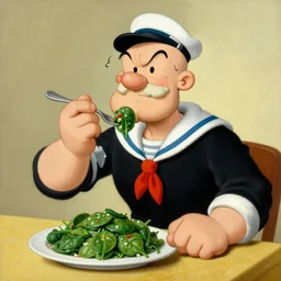 attractive popeye the sailor man eating a spinach salad, painting by gaston bussiere, craig mullins, j. c. leyendecker,