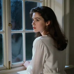 90s film, cinematic tones. Scene where a woman in white looking the window at midnight, focus her back