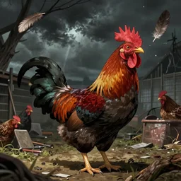 realistic detailed image of a rooster feather blowing in an angry and stormy chicken coop, anime art, anime, inspired by H.R. Giger and Zdzislaw Beksinski and Mark Ryden, gothic, rich deep colors. A masterpiece, matte painting, digital art, trending on artstation.