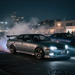 a car JZX90 turbo drift at illegal car meet, Chiba prefecture, city midnight mist lights, cinematic color, photorealistic, highly detailed wheels