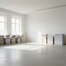 a photo of a spacious studio room with a lot of light, with stacks of chairs around the walls of the room. 1 rocking-horse in the middle. Extra-wide angle shot
