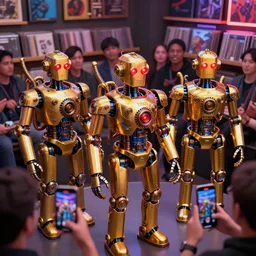 photo of a press conference of 3 golden and blue metal humanoid steampunk robots with gears and tubes, surrounded by many people with smartphones, eyes are glowing red lightbulbs, shiny crisp finish, 3 d render, 8 k, insaneley detailed, fluorescent colors, background is in a record store,