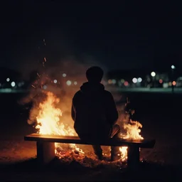 lomo photo of a man sitting on a burning bench, cinestill, bokeh, out of focus, embers, dramatic lighting, night, dark, detailed, grainy, fog