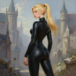 picture of an elf lady, wearing a skintight black catsuit, waist - reaching ponytail, blonde, white skin, thin waist, medieval city background, acrylic painting, high fantasy