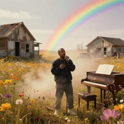 kanye west singing a song in a ghost town, vintage, field of view, warm color palette, rainbow, spectral color, volumetric light, vapor, mist, floral, piano
