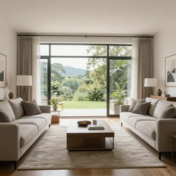 photorealistic living room open space big windows