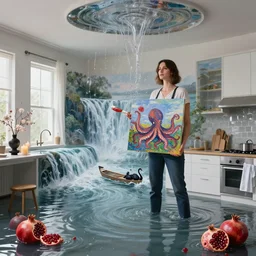 tall female artist holding art supplies in her flooded kitchen, pomegranates, octopus, water gushing from ceiling, painting of flood waters inside an artist's apartment, a river flooding indoors, candles, ikebana, zen, rapids, waterfall, black swans, canoe, berries, acrylic on canvas, surrealist, by magritte and monet
