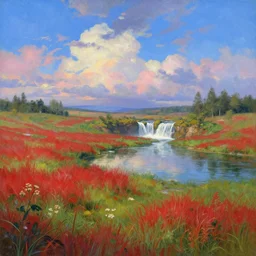 a fantasy meadow with pond and waterfall in the distance, patches of red grass, blue sky with colorful clouds, by stephan martiniere and jessica rossier