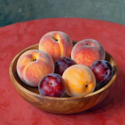 three peaches, three apricots and three plums lie in a wooden bowl on a table with a red tablecloth, in the style of impressionism