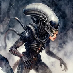 xenomorph sneaking up to female commander, secretive, dreamy, space horror, watercolor painting, 4 k, detailed