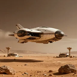 A futuristic flying vehicle hovering over Mars colony, wide angle, low angle shot, mood lighting, Behance, digital art in the style of Oblivion movie, trending on Artstation