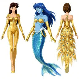 concept designs for a blue merman that is ethereal and wears arm length golden gloves, his legs conjoin to form a serpents tail, and his clothes are inspired by a golden peacock, art by yuji ikehata and satoshi kon and miyazaki ghibli, anime