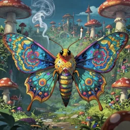 8K headshot Portrait of centered chest up of a psychedelic godlike mothman with giant mandala wings smoking a hand-rolled cigarette smoking heavily , magic mushroom village in background , post-processing , award winning. superb resolution. in the art style of Satoshi Kon and Greg Rutkowski . Detailed Mushroom city in background. Hyper realistic anime. Perfect art. Dalle2