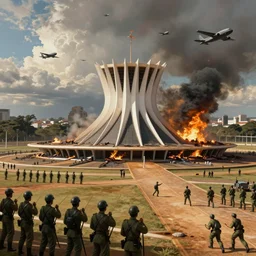 revolution in brasilia, soldiers fighting around planalto palace, planato palace burned, warplanes over brasilia, digital painting, trending on artstation, deviantart, epic composition, extremely detailed, ambient lighting, masterpiece, sharp focus, octane render