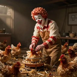 ronald mcdonald working in a chicken battery.