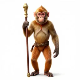 young monkey king with staff, photorealistic portrait photography, full body, standing, isolated on a pure white background, centered, whole figure in frame, sharp focus, studio lighting