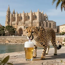 A puma drinking a fresh cold beer in the city centrum from Palma de Mallorca with Palma Cathedral in the background, highly detailed, octane render