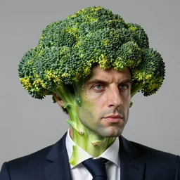 beautiful naturalistic hyperrealistic medium shot studio portrait of emmanuel macron french president with green skin and hair looking like broccoli, hyperrealistic sculpture by ron mueck, photographed by annie liebovitz trending on artstation 8 k shocking detail hyperrealistic
