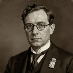 realistic sepia portrait painting of a 1 9 2 0 s shorter man with receeding hair, light brown eyes and thick glasses, well dressed, wearing a middle - sized art deco brooch replicating an egyptian cartouche from the sixteenth dynasty on his left lapel, dark, brooding, atmospheric lighting, painted, sepia, intricate, ultra - detailed by leesha hannigan, thierry doizon, kai carpenter, well composed, best on artstation, cgsociety, epic, stunning, gorgeous, intricate detail, wow, masterpiece