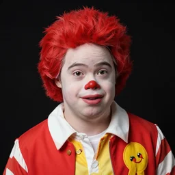 portrait of down syndrome midget ronald mcdonald sharp focus, 4 k editorial photograph, soft lighting, black background
