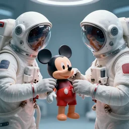 grainy futuristic mechanic surgeons with astronaut helmets on their heads operating claw mickey mouse float clutched doll head bloody brain exposed zombie red netflix neon office sign in background, in private care surgery wing, beeple!!!!!!, minimal, dystopian movie still