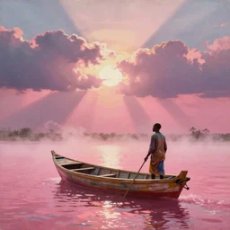 An african fisherman on a steampunk longboat in the pink lakes of senegal at sunset, godrays shine through the clouds, by evgeni gordiets AND JEAN GIRAUD, oil on canvas, retrowave, pink color scheme, fog, volumetric lighting