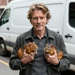 Willem Dafoe holding two rodents on the street next to a van