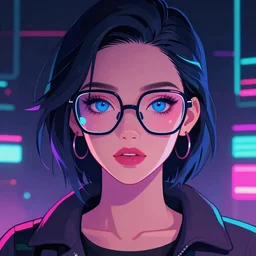 lo-fi cyberpunk illustration of an attractive young woman with dark hair, blue eyes, thick rim glasses, symmetrical, blade runner style, pink, blue, purple, teal, neon