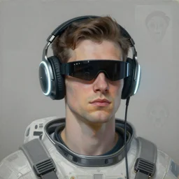 future coder man looking on, sleek cyclops display over eyes and sleek bright headphoneset, neon accent lights, desaturated headshot portrait painting by rhads, dean cornwall, alphonse mucha, tom whalen, john berkey, alex grey, donoto giancola, astronaut cyberpunk electric fashion photography