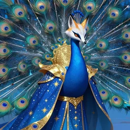 realistic anime of a rich ethereal colorful blue hybrid of a peacock and fox, accented in bright metallic gold, wearing star filled mage robes and excessive amounts of golden jewelry and gems, art by yuji ikehata and satoshi kon, background art by miyazaki, realism, proper human proportions, fully clothed, vhs