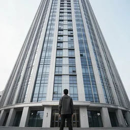 a person standing in front of a tall building, 8K, photograph