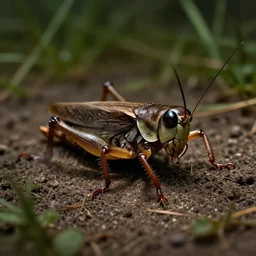a cricket gryllus, insect. dirt and grass. avila, 4 k, concept art, by wlop, ilya kuvshinov, artgerm, krenz cushart, greg rutkowski, pixiv. cinematic dramatic atmosphere, sharp focus, volumetric lighting, cinematic lighting, studio quality, cricket eyes reflections. legs. beautiful composition