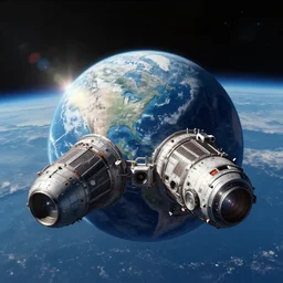a large object flying over the earth, a detailed matte painting by neil blevins, trending on cg society, space art, reimagined by industrial light and magic, imax, anamorphic lens flare