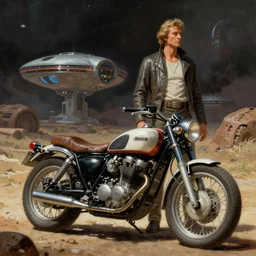 moebius and ralph mcquarrie style, vintage classic motorcycle, retro futuristic sci - fi painting illustration, blade runner 2 0 4 9, star wars
